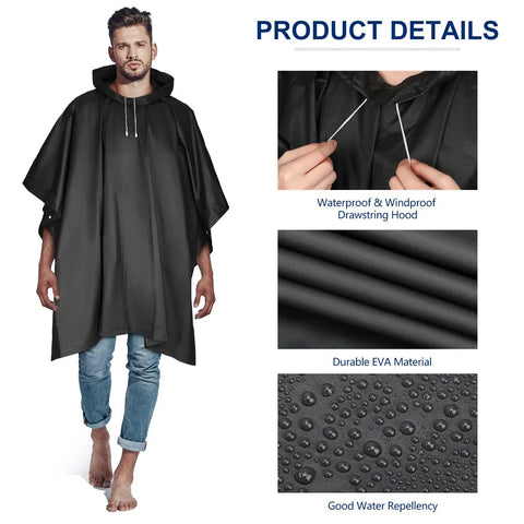 Model wearing black poncho, detailed view of drawstring hood, EVA material, water repellency from 10 Pack Adult Rain Ponchos With Drawstring Hood Waterproof Thickened Rain Coats For Men And Women Reusable Black EVA Material Lightweight Yet Durable For Hiking Camping Travel And Outdoor Use.