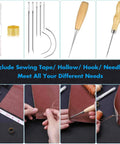 All-In-One 35-Piece Leather Sewing Kit with measuring tape, thimble, needles, and awl for DIY leather projects.