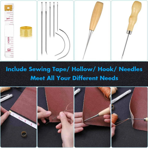 All-In-One 35-Piece Leather Sewing Kit with measuring tape, thimble, needles, and awl for DIY leather projects.