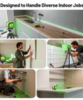 Rechargeable Green Cross Line Laser Level With 100Ft Reach, Self Leveling, 110 Degree Horizontal And Vertical Beams, Includes 60 Inch Tripod, Magnetic Bracket, Target Plate, Pro Grade Tool For Picture Hanging And Do It Yourself Home Projects used for indoor tile and shelving