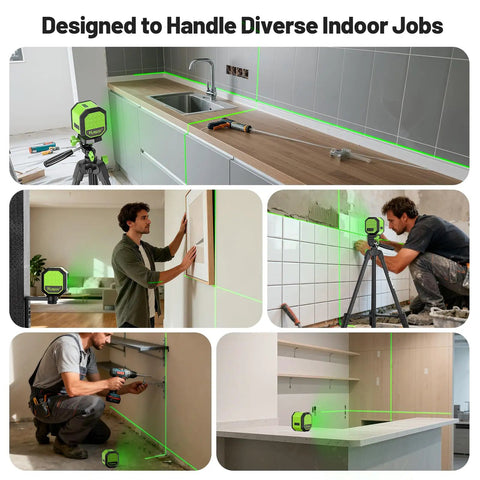 Rechargeable Green Cross Line Laser Level With 100Ft Reach, Self Leveling, 110 Degree Horizontal And Vertical Beams, Includes 60 Inch Tripod, Magnetic Bracket, Target Plate, Pro Grade Tool For Picture Hanging And Do It Yourself Home Projects used for indoor tile and shelving