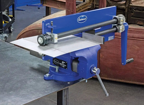 Bead Roller Guide Fence for Straight Beads and Offsets with Heavy Duty Steel Construction, mounted on a half inch plate frame roller