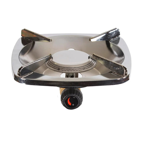 Portable Propane Stove With 10,000 BTU Burner Chrome Anti-Clog Design On Off Regulator Seven Point Five Inch Cooking Grid DuraBase