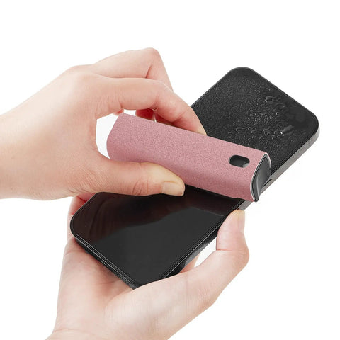 Touchscreen Mist Cleaner Kit With Spray And Wipe Pink Pocket Size Screen Cleaner for iPhone and Android shown in use