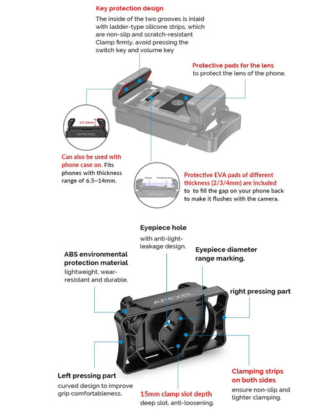 Diagram of Universal Telescope Phone Mount Adapter With One Piece Clip Fits Almost Any Smartphone And Optical Gear description