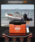 12V 100Ah LiFePO4 trolling battery with SOC display, Bluetooth control, and app monitoring, shown in marine setting with boat.