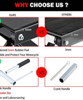 Comparison of 1200 Lbs Motorcycle Jack Lift Stand For Dirt Bike ATV Scissor Jack With Crank Handle And Breaker Bar showing 5mm pad and handle.