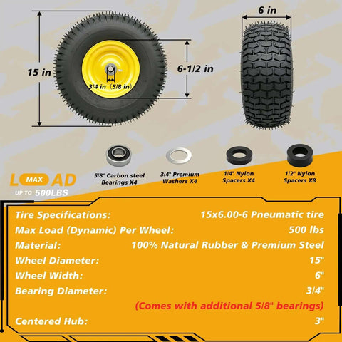Nuphtun 15x6.00-6 Lawn Mower Tire And Wheel Assembly With Yellow Hubs, Perfect Pre-Mounted Upgrade Kit For Easy Push Mowers Featuring Iron Bushings And Secure Bearings. side view with size specs and included bearings