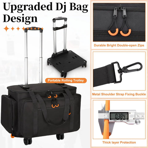 Rolling DJ Cable Bag with laptop and microphone pockets showing detachable trolley and black metal buckle detail
