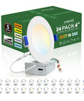 24 Pack Of 4 Inch Led Recessed Ceiling Lights With 5Cct Dimmable Controls and Easy Color Adjustment displayed with packaging and lights