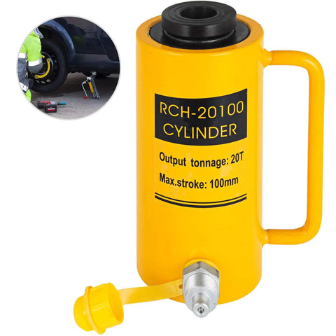 20T 4 Inch Hollow Hydraulic Cylinder Jack For Heavy Duty Lifting, Single Acting Ram, 100mm Stroke, Steel Construction