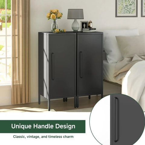 Beefy Heavy Duty 39.5 Inch Metal Storage Cabinet With Magnetic Door Featuring 3 Compartments And 2 Adjustable Shelves For Home Office Garage Kitchen Everyday Black, front view in bedroom setting