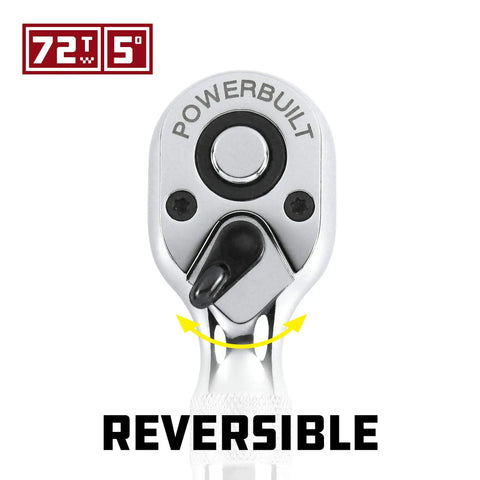 Close-up of Two Piece Stubby Ratchet Set With Quarter Inch And Three Eighth Inch Drives Quick Release Reversible 72 Tooth head