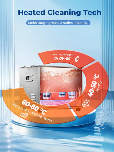 Heated cleaning technology infographic demonstrating temperature ranges for Heavy Duty Ultrasonic Cleaner With Built In Heater And Digital Timer Stainless Steel 10 Gallon Basin For Bike Chains Engine Parts And Firearms Badass Grime Crusher 240W Pro Grade Tough Clean.