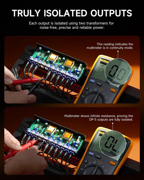 DP 3 Multi Output Guitar Pedal Power Supply With 10 Isolated DC Outputs tested with multimeter for stable performance