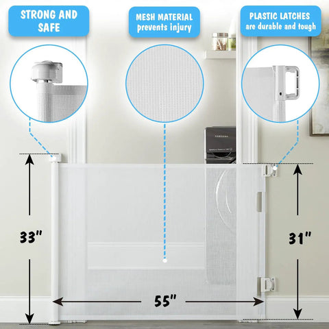 Retractable Baby Gate With Mesh For Quick Room Conversion And Kid Friendly Living Extends 0 To 55 Inches Wide And 33 Inches High with sturdy lock in doorway