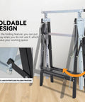 Two Pack Saw Stand Sawhorse With Adjustable Seven Level Quick Build Foldable Heavy Duty Miter Saw Stand Max Capacity 440 Lbs Black and Chrome For Workshop Jobsite and DIY Projects For Shop Pros And DIYers depicted in foldable design on wooden floor.