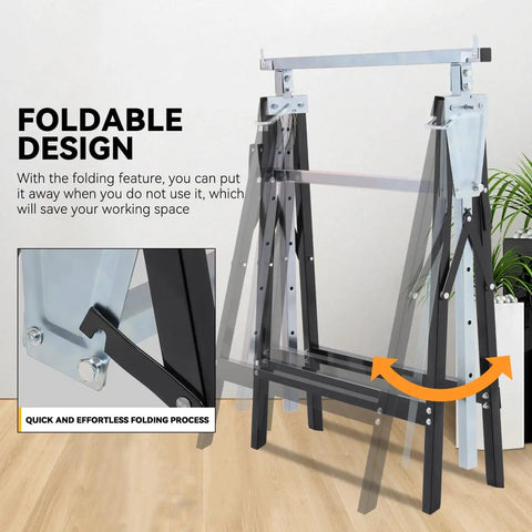 Two Pack Saw Stand Sawhorse With Adjustable Seven Level Quick Build Foldable Heavy Duty Miter Saw Stand Max Capacity 440 Lbs Black and Chrome For Workshop Jobsite and DIY Projects For Shop Pros And DIYers depicted in foldable design on wooden floor.