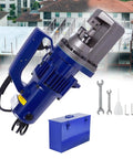 Heavy Duty Electric Hydraulic Rebar Cutter 1250W Zaps Up To 20mm Steel Rods In Seconds with tools and blue case for concrete projects.