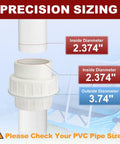 Precision sizing of Four Pack 2 Inch PVC Union Coupling Fittings Slip Socket To Socket SCH 40 with diameter details.