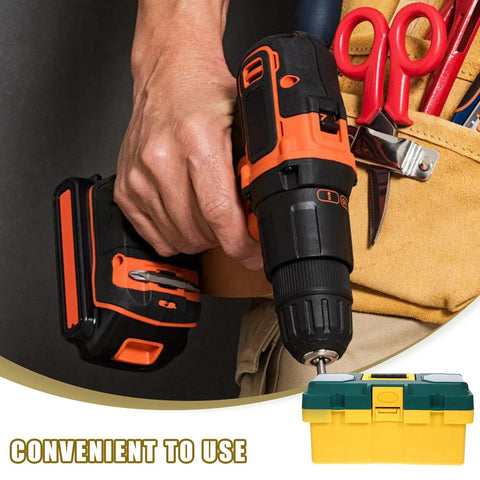 Super Slick Portable Plastic Toolbox Storage Case For Snagging Hardware And Organizing Nifty Knacks During Serious Home Reno Projects Or Long Highway Drives with a drill in use.