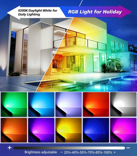 Outdoor house facade illuminated by 42W RGBW Wall Washer Lights IP66 Waterproof With Remote Control, showing color variations.