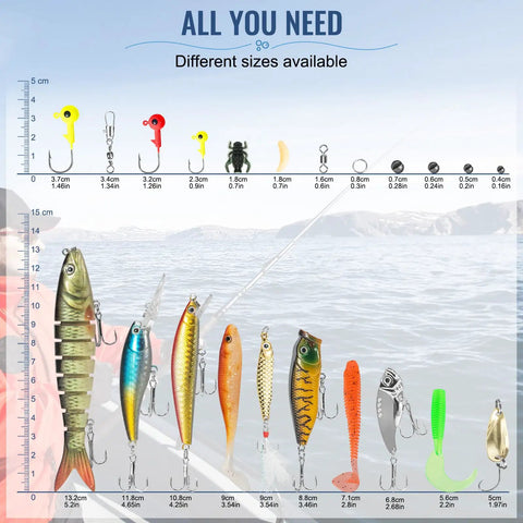 All In One Fishing Lures Kit With 92 Pcs Tackle Box Includes Crankbaits Spoons Hooks Weights And Other Accessories For Bass Freshwater Angling Gift For Men showcasing various lure sizes with a lake background