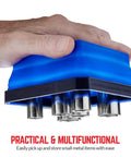 Blue tray from Collapsible Magnetic Parts Tray Set Pack of 3 4.25 Inch Square Tool Trays For Screws Bolts Nuts Washers Pins And Small Metal Parts Must Have Non Marring Rubber Magnet In Red Blue Green with hand holding and metal parts attached