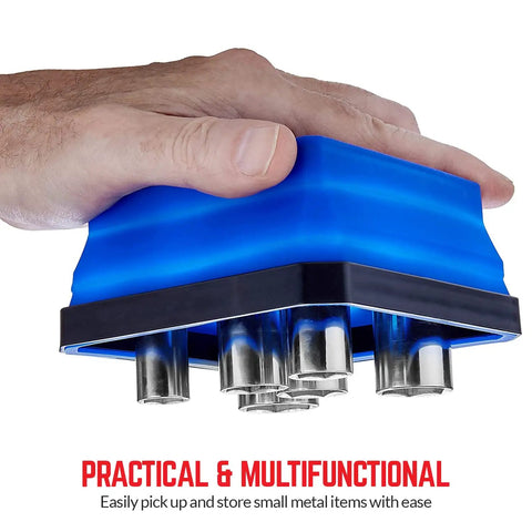 Blue tray from Collapsible Magnetic Parts Tray Set Pack of 3 4.25 Inch Square Tool Trays For Screws Bolts Nuts Washers Pins And Small Metal Parts Must Have Non Marring Rubber Magnet In Red Blue Green with hand holding and metal parts attached