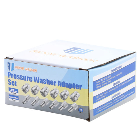RIDGE WASHER Pressure Washer Adapter Set, 12-piece stainless steel 3/8-inch quick-connect fittings.