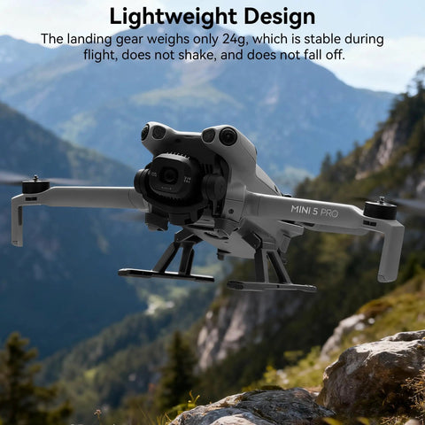 Drone with Mini 5 Pro Foldable Landing Gear With Quick Release Height Extension Kit, flying outdoors in mountain setting.