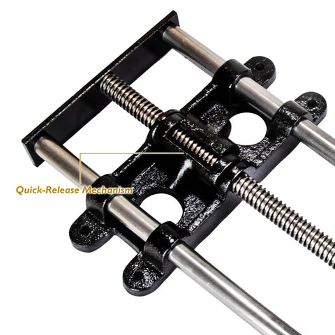 Nine Inch Quick Release Workbench Front Vise With Heavy Duty Cast Iron Body details showing quick-release mechanism and steel guide rods.