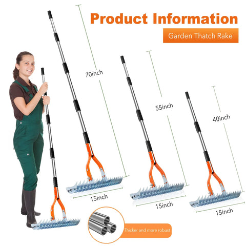 15 Inch Dethatcher Lawn Rake With Adjustable Handle For Thatch Removal And Scarification next to woman showing size options