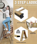 Woman using Lightweight Aluminum 3 Step Folding Ladder With Wide Anti Slip Pedals, 330 Lb Capacity, Easy Open And Fold for home tasks