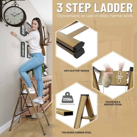 Woman using Lightweight Aluminum 3 Step Folding Ladder With Wide Anti Slip Pedals, 330 Lb Capacity, Easy Open And Fold for home tasks