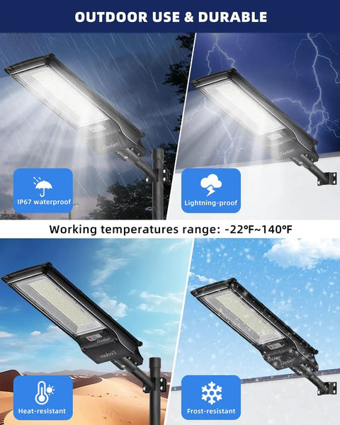 Four 1500W Solar Street Light Outdoor Waterproof Dusk To Dawn Motion Sensor Flood Lights in various weather conditions.