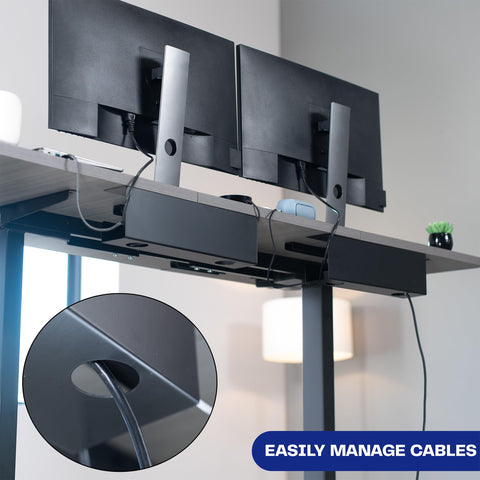 Under Desk 17 Inch Cable Management Trays, 2-Pack Black cord organizer mounted under desk with cables hidden neatly