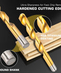 Close-up of Heavy Duty Titanium Twist Drill Bit Set 230 Pcs For Metal And Wood With 135 Degree Tips, round shank shown.