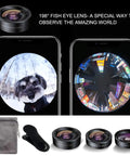 3 In 1 Phone Camera Lens Kit With 198 Degree Fisheye, 120 Degree Wide Angle and 20x Macro, Clip-On for iPhone and Android - product display