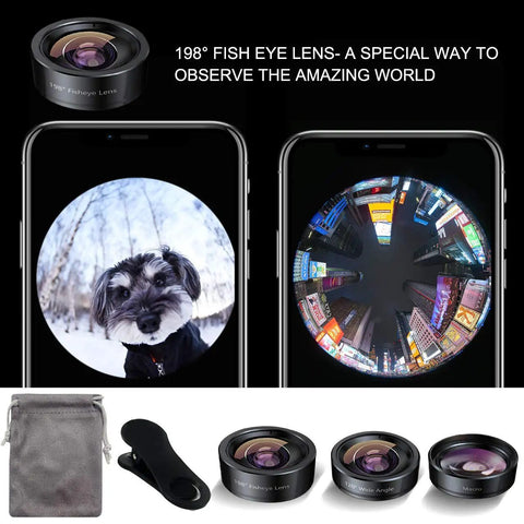 3 In 1 Phone Camera Lens Kit With 198 Degree Fisheye, 120 Degree Wide Angle and 20x Macro, Clip-On for iPhone and Android - product display