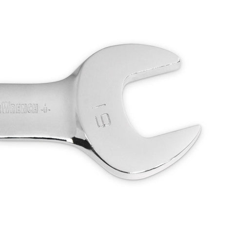 Close-up of 10-Pc Metric Stubby Flex-Head Ratcheting Wrench Set chrome open-end wrench, showing size marking and durable finish.