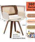 Set Of 2 Swivel Dining Chairs With Curved Arms, Ergonomic Cane Back, Bentwood Frame, Easy-Care Faux Leather, Cozy Cushion