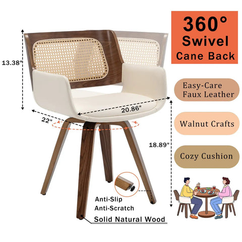 Set Of 2 Swivel Dining Chairs With Curved Arms, Ergonomic Cane Back, Bentwood Frame, Easy-Care Faux Leather, Cozy Cushion