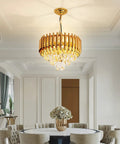 Gold Finish Modern Luxury Crystal Pendant Light Chandelier, Round Flush Mount Ceiling Fixture with Glass Prisms over dining table