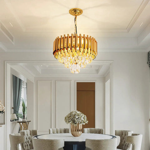 Gold Finish Modern Luxury Crystal Pendant Light Chandelier, Round Flush Mount Ceiling Fixture with Glass Prisms over dining table