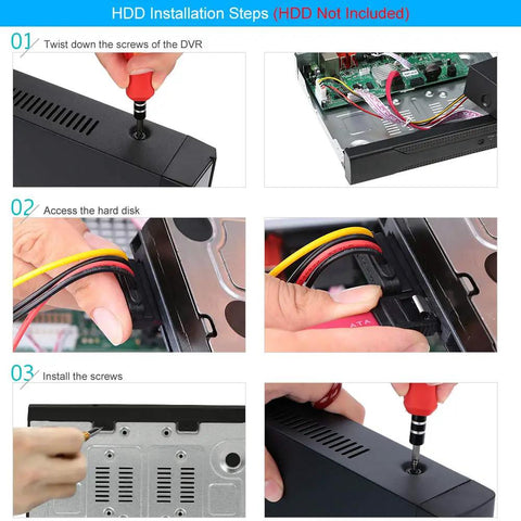 HDD installation steps for All In One 8 Channel 1080P Hybrid DVR And NVR System With 5 In 1 Support; no HDD included