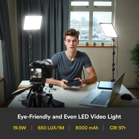 Edge-Lit 13 Inch LED Video Light Panel Kit 2-Pack used in a streaming setup with soft illumination for Zoom and YouTube.
