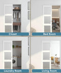 Sliding Bypass Closet Door Set, 48 Inches Wide By 80 Inches Tall, 24.5In Panels With Frosted Glass shown in different rooms
