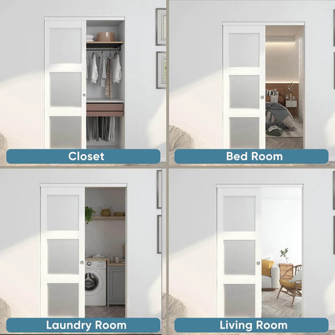 Sliding Bypass Closet Door Set, 48 Inches Wide By 80 Inches Tall, 24.5In Panels With Frosted Glass shown in different rooms
