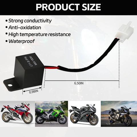 Motorcycle LED Flasher Relay 2 Pin 12V DC Automatic Operation Universal Fit Black with dimensions and performance features